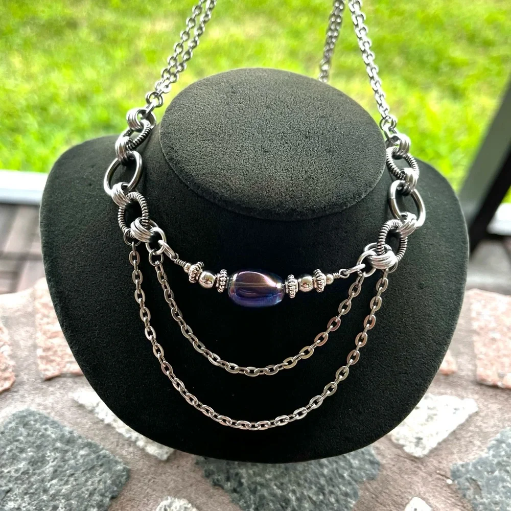 Handmade maille choker necklace blue purple aura crystal stainless steel chain - Picture 8 of 14